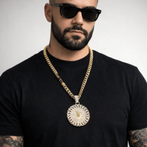 Round Jesus Face Iced Out Pendant w/ 10mm Miami Cuban Link Chain Gold Plated CZ