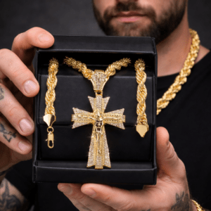 14K GP 10mm Rope Chain Necklace with Large Latin Jesus Cross Pendant